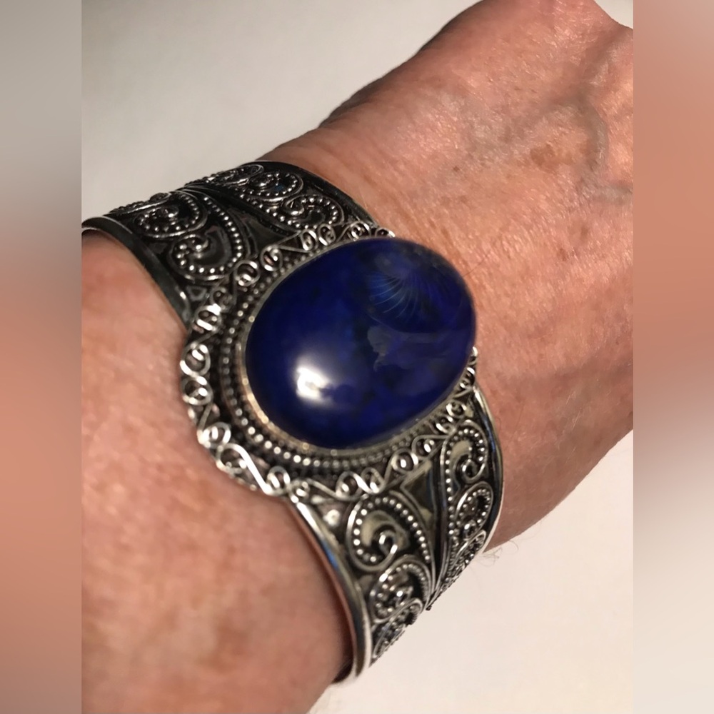 Lapis Lazuli Stamped 925 Sterling Silver Cuff Bracelet